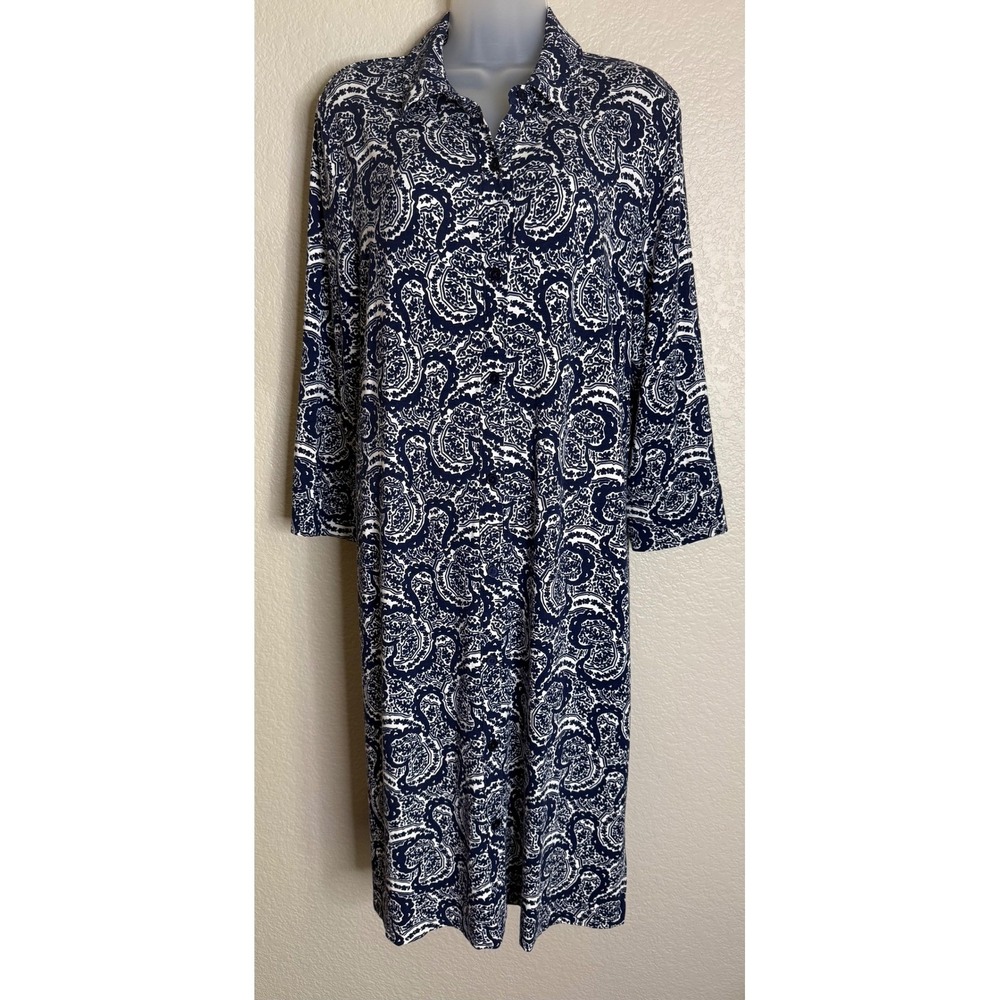 Talbots Womens XL Shirt Dress Navy Paisley Button Front Stretch Career Chic